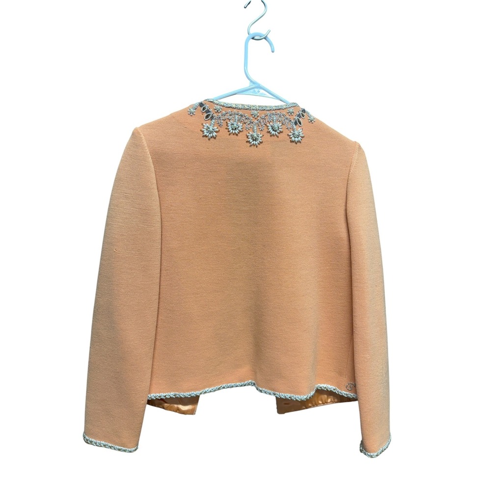 Vintage Peach Wool Beaded Cardigan Jacket Pearl Floral Hong Kong Womens 14 - Picture 2 of 6